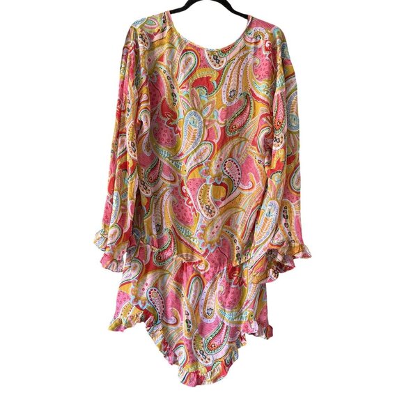 Moda International Paisley Print Hi-Lo Blouse Mini Dress L/XL100% Silk Ruffle - Picture 4 of 6